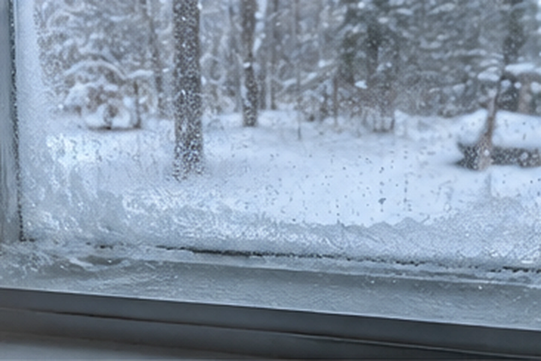 Frost on the inside of a window, snow falling on the pines outside