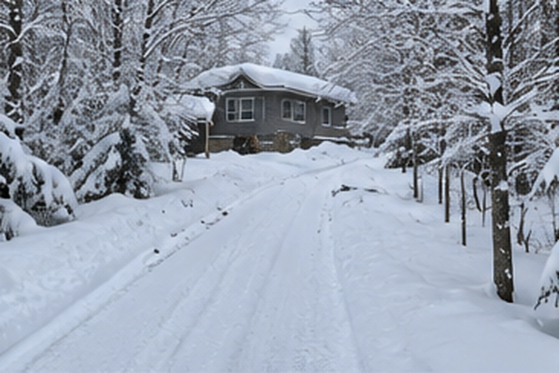 A camp at the end of an unplowed driveway after a snowstorm