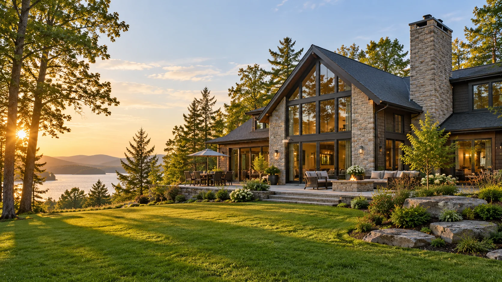 A stone and timber lake house at sunset, lawn in front and the lake and mountains beyond
