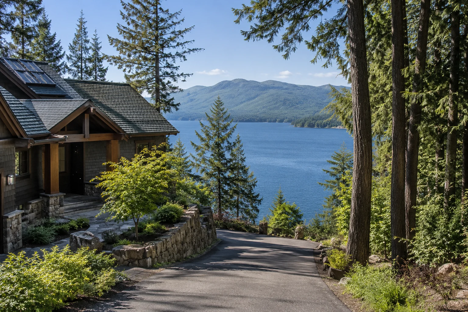 A shingled house on a steep driveway above the lake, tall pines and mountains beyond