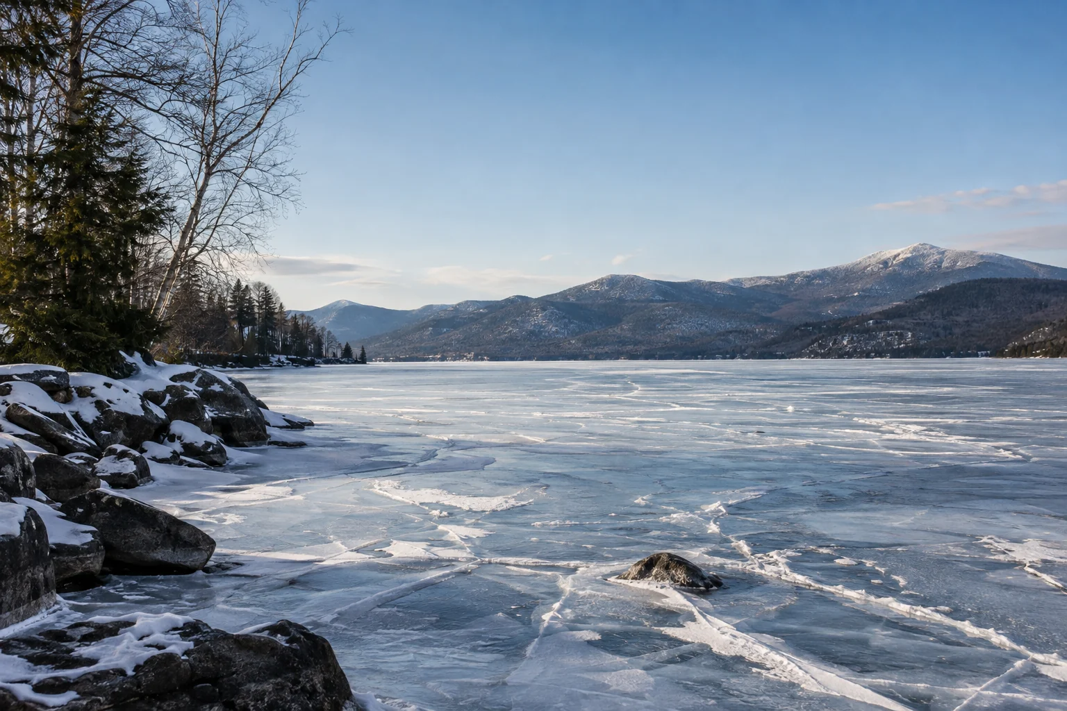 Lake George frozen over, the ice cracked into plates, with snow on the mountains beyond