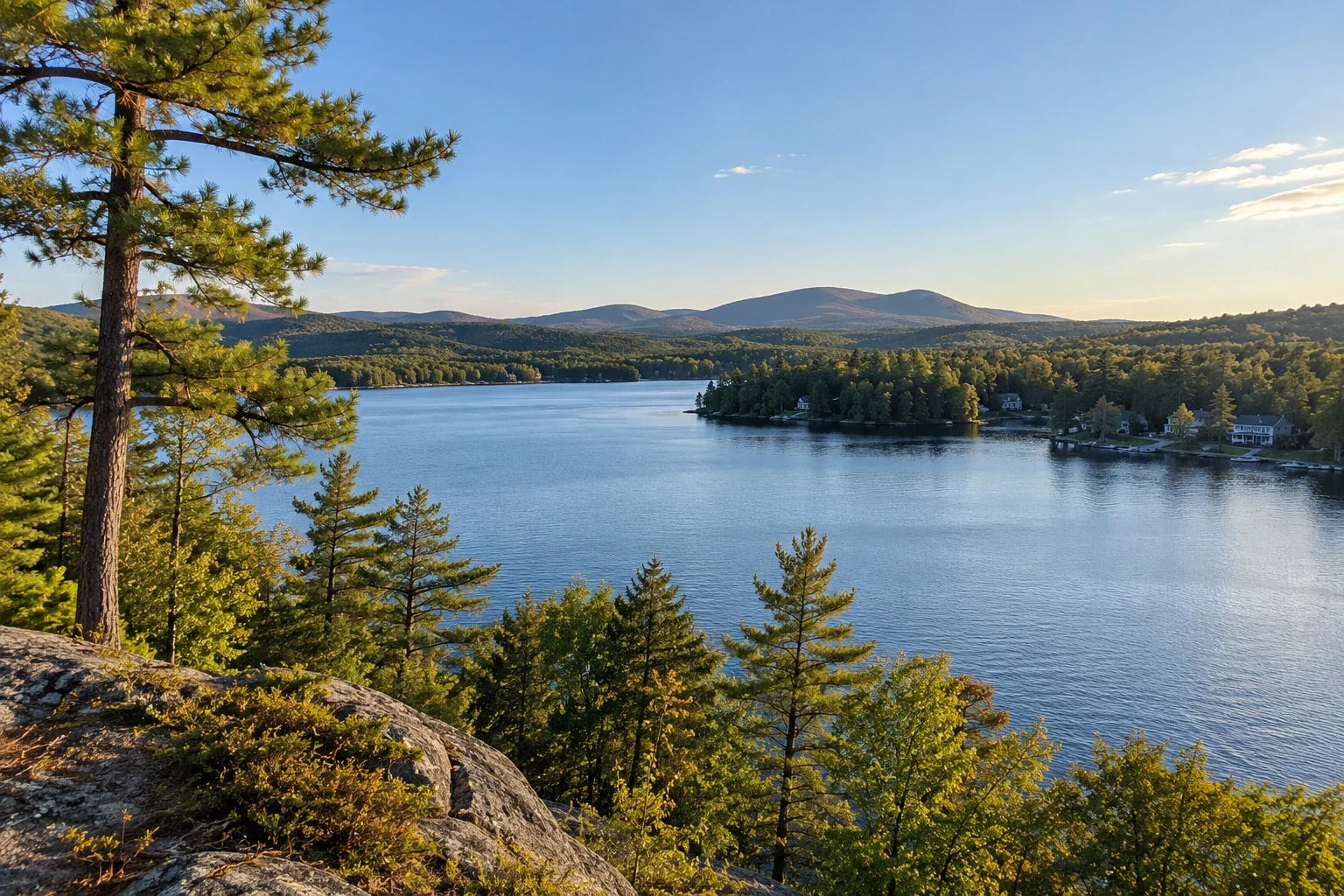 A small lake seen from a ledge through pines, houses and docks along the far shore
