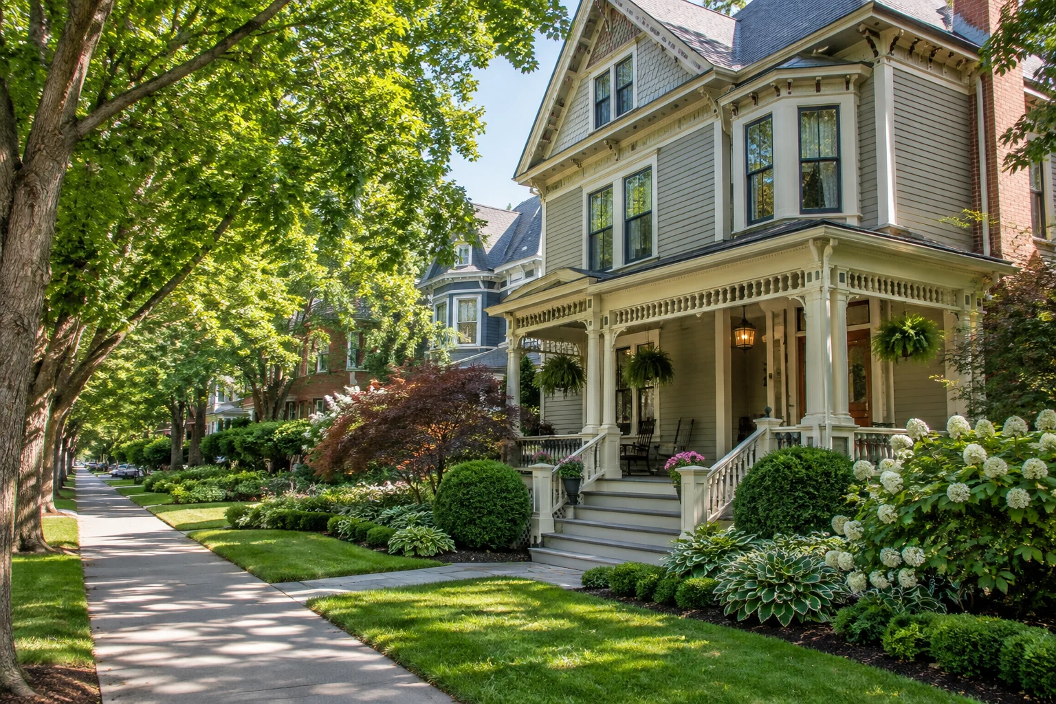 A Victorian house with a wraparound porch and hydrangeas on a tree-lined Saratoga Springs street