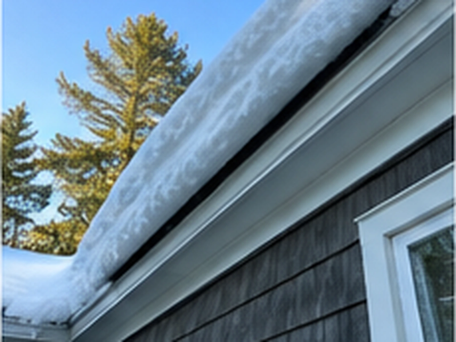 Snow and ice along the eave of a shingled roof, photographed from the ground