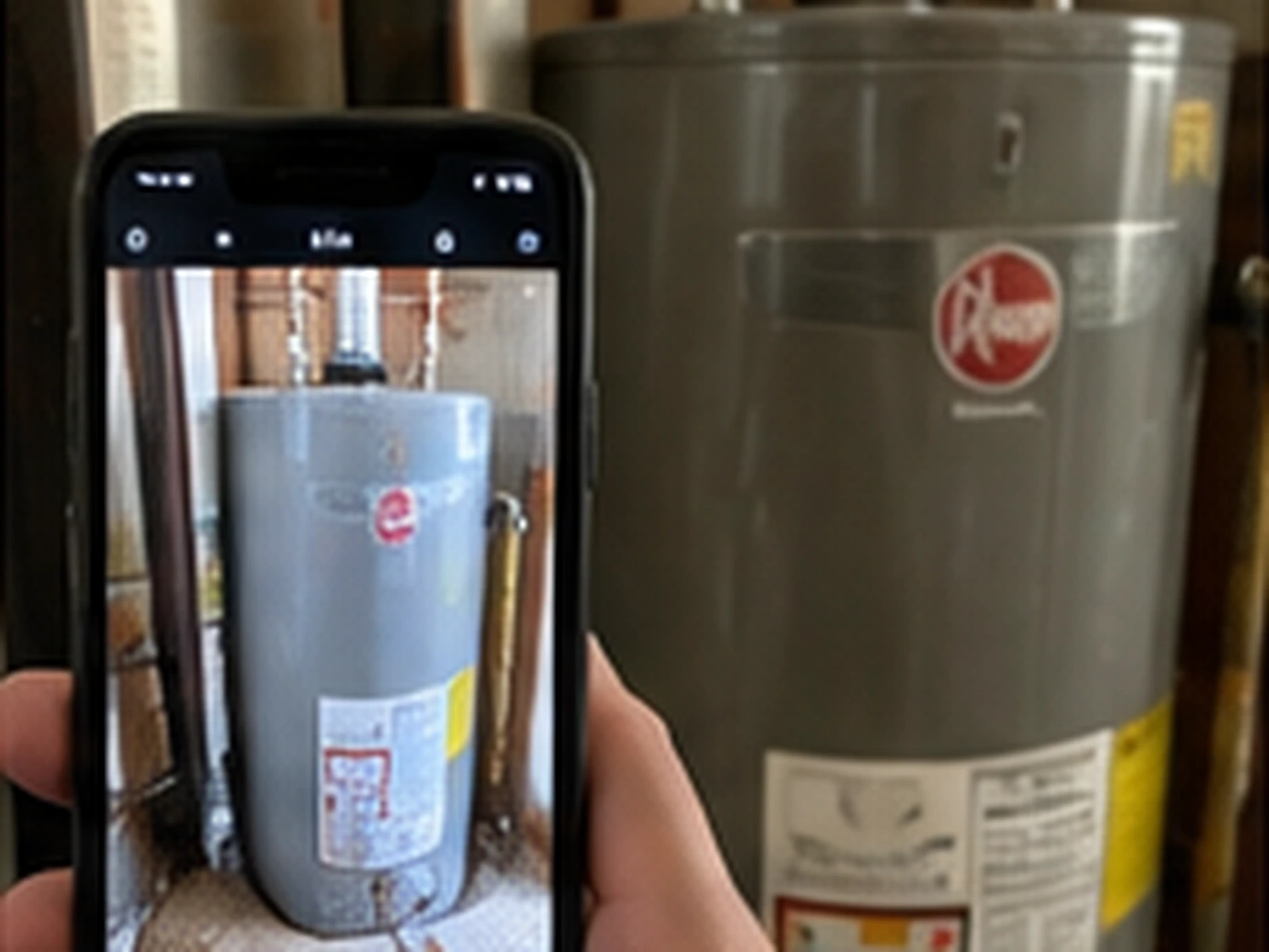 A phone photographing a water heater in a mechanical room